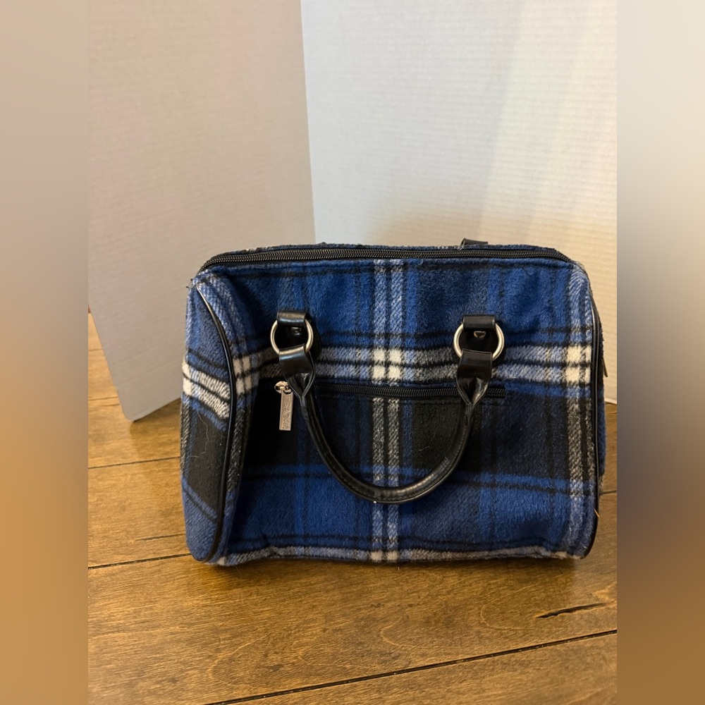 SACHI insulated cooler lunch tote bag in a blue tartan flannel design - Picture 3 of 5
